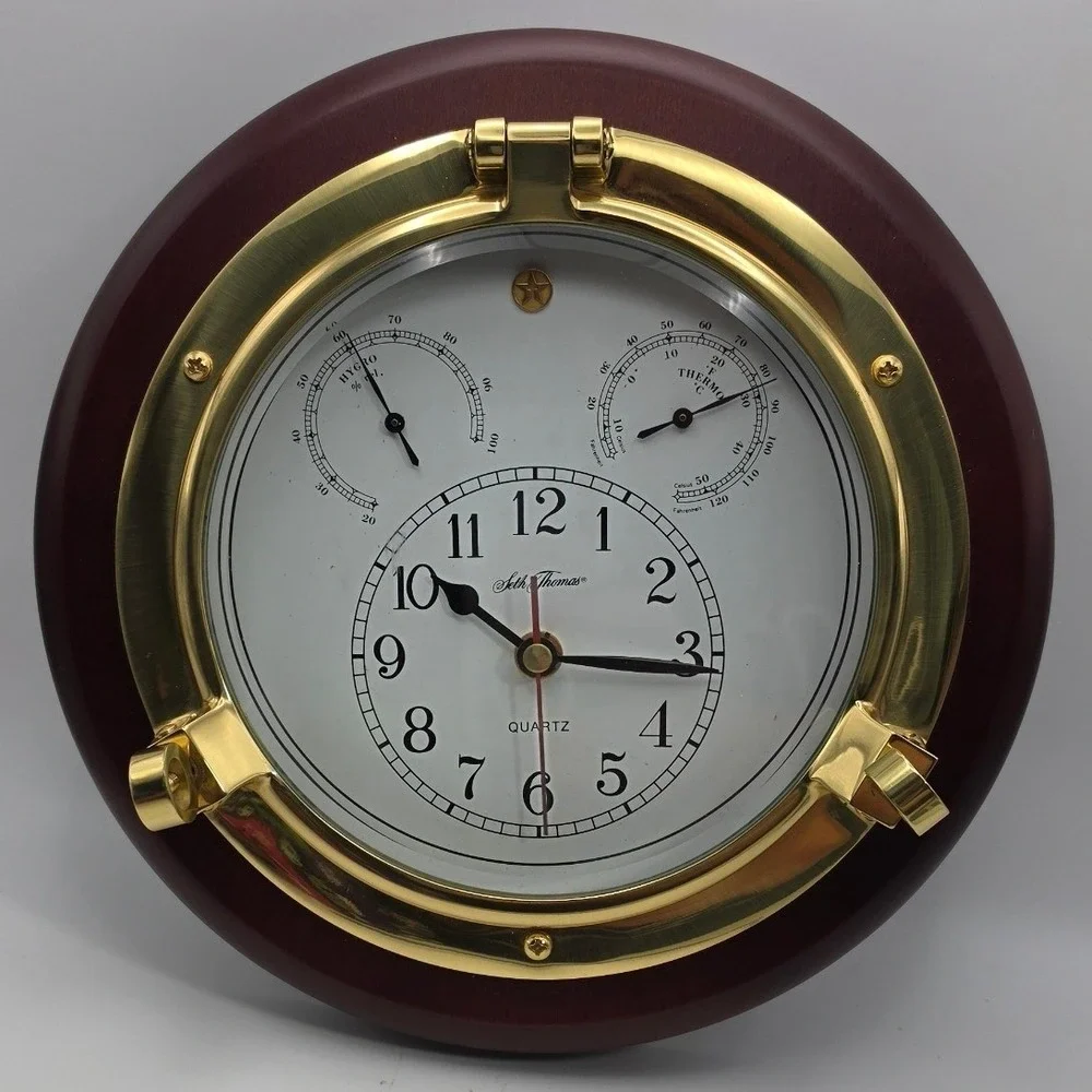 Seth Thomas Meridian 1046 Porthole Wall Clock Brass Wood Nautical Weather Heavy